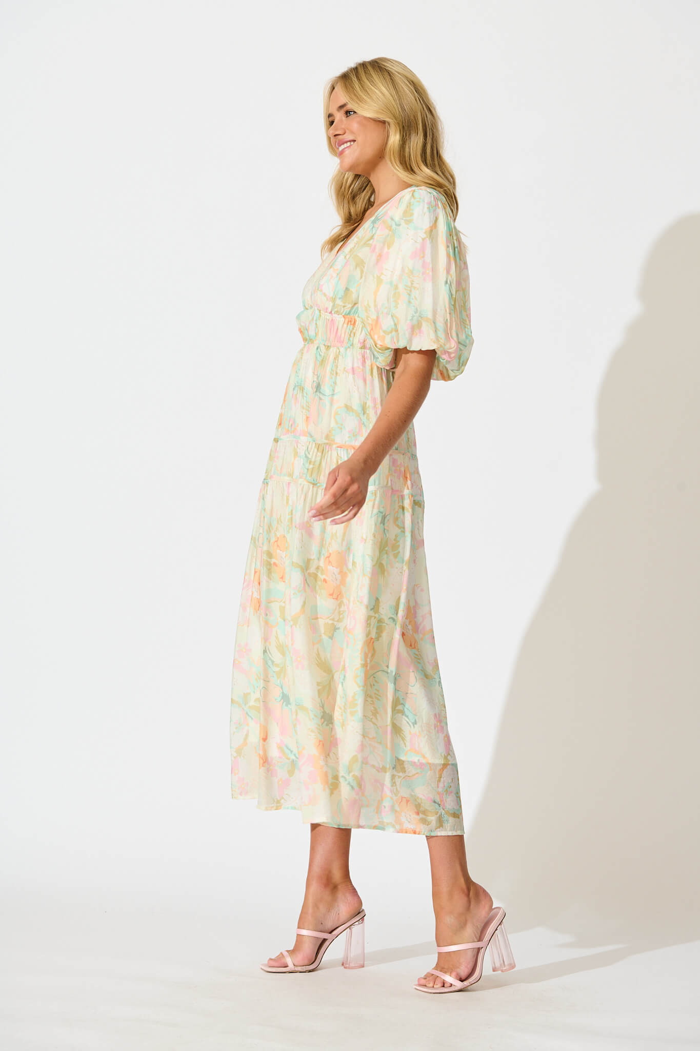 Amalie Midi Dress In White with Pastel Multi Floral
