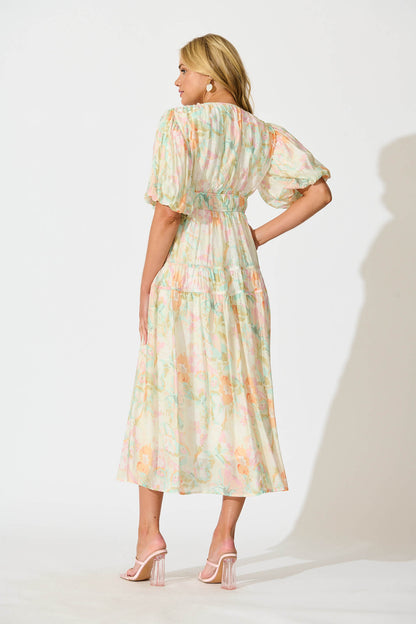 Amalie Midi Dress In White with Pastel Multi Floral