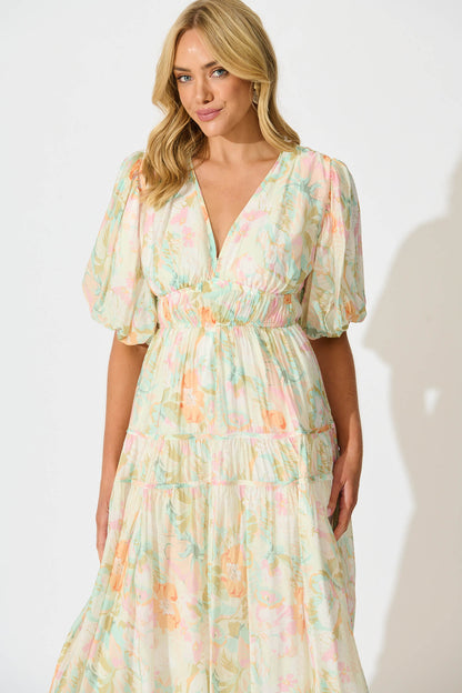 Amalie Midi Dress In White with Pastel Multi Floral
