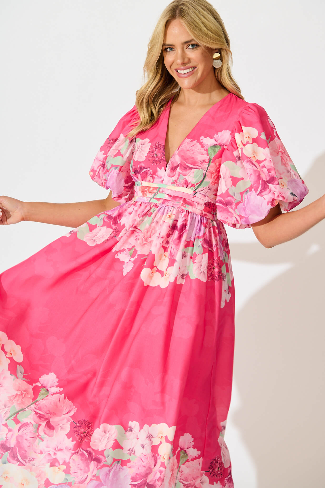 Divine Maxi Dress In Pink With Lilac Multi Floral Print