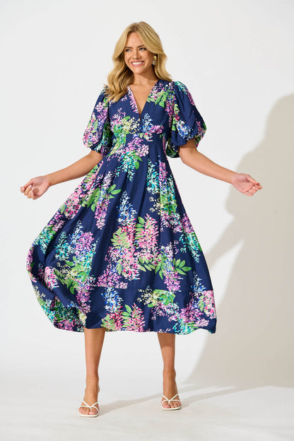 Daydreamer Midi Dress in Navy Wisteria Print