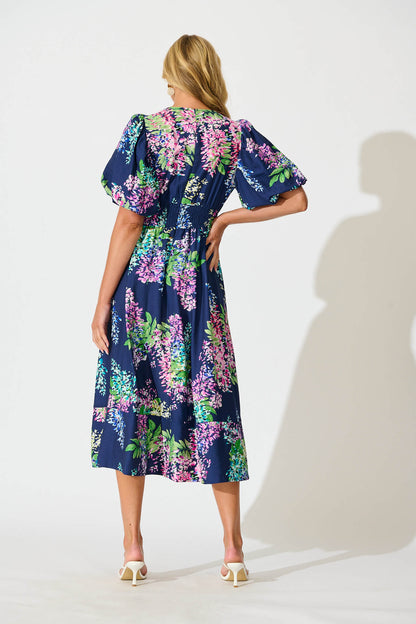 Daydreamer Midi Dress in Navy Wisteria Print