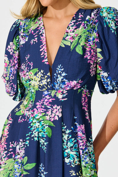 Daydreamer Midi Dress in Navy Wisteria Print