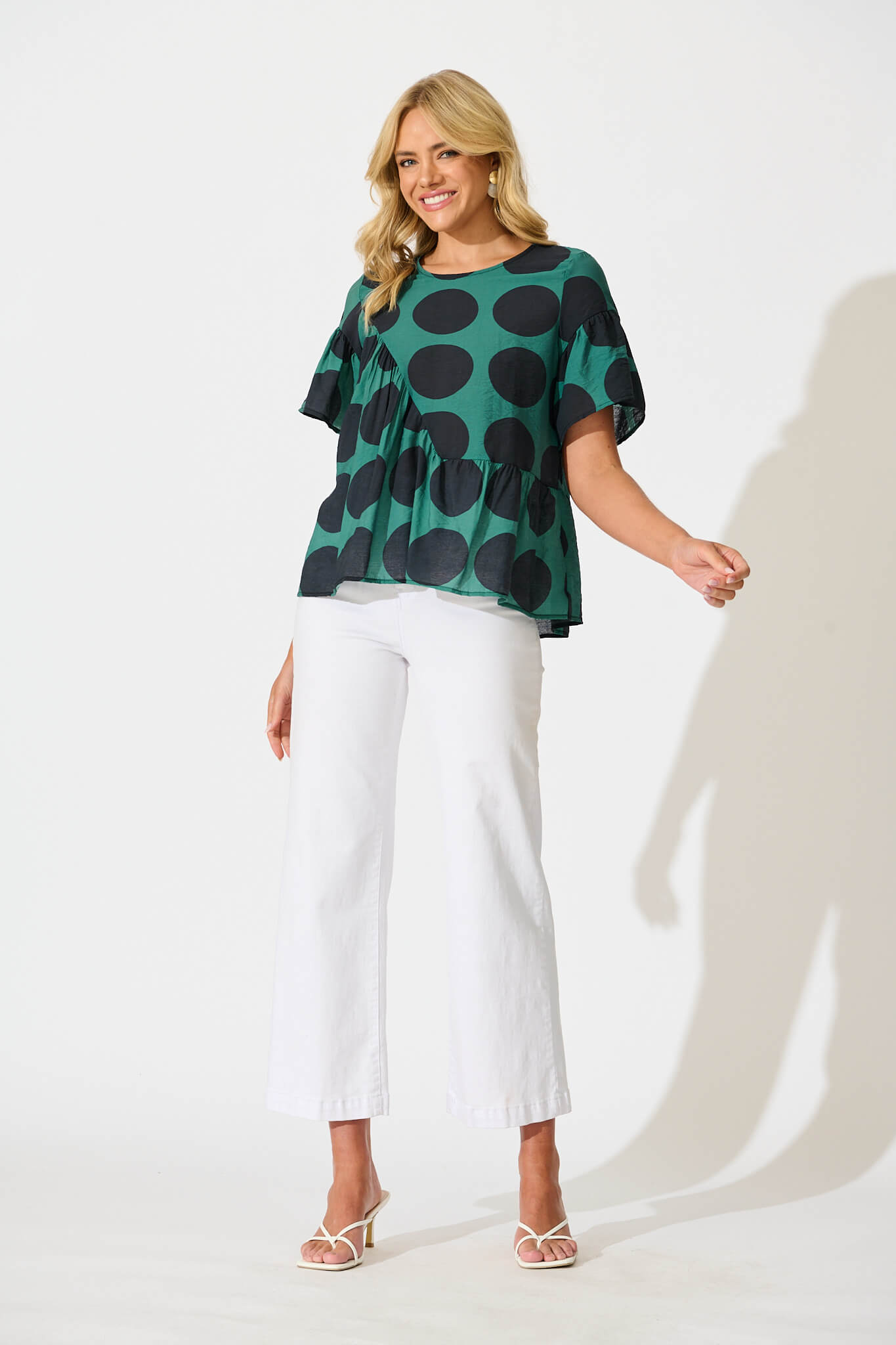 Girona Top In Emerald with Black Spot Cotton Blend