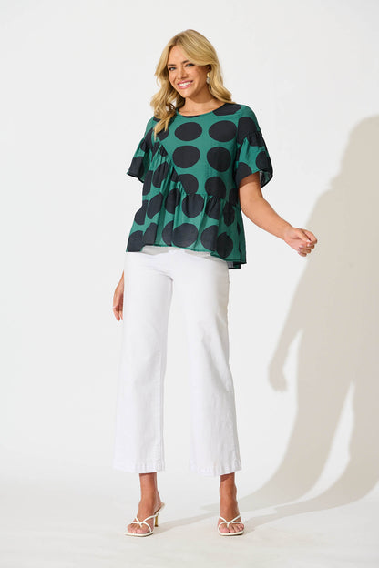 Girona Top In Emerald with Black Spot Cotton Blend