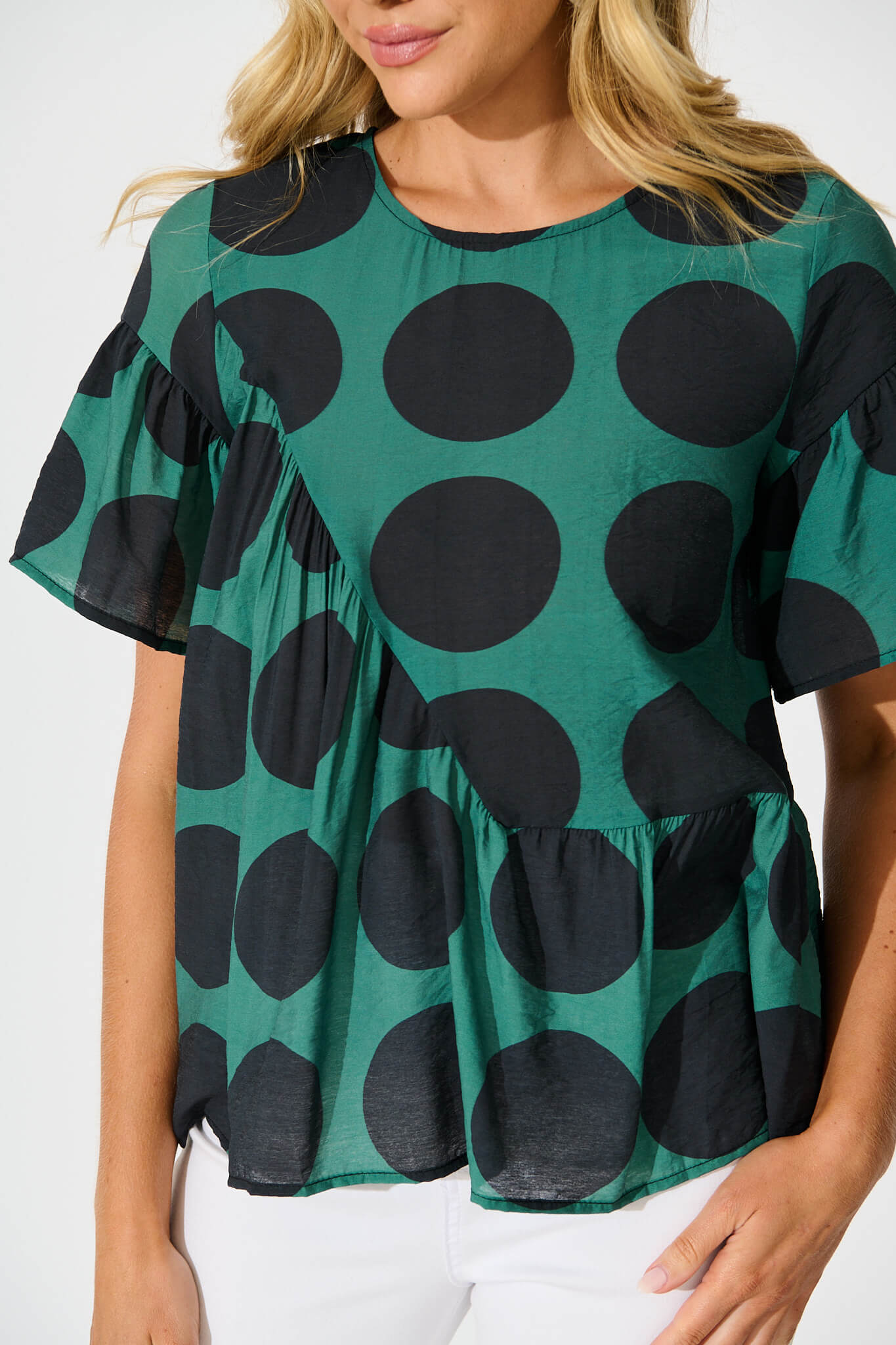 Girona Top In Emerald with Black Spot Cotton Blend