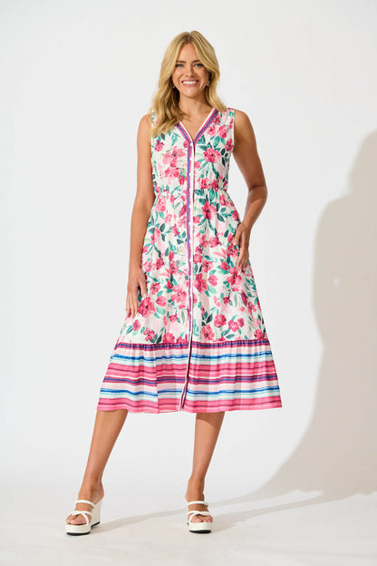 Kimmy Midi Dress in White with Pink Multi Floral