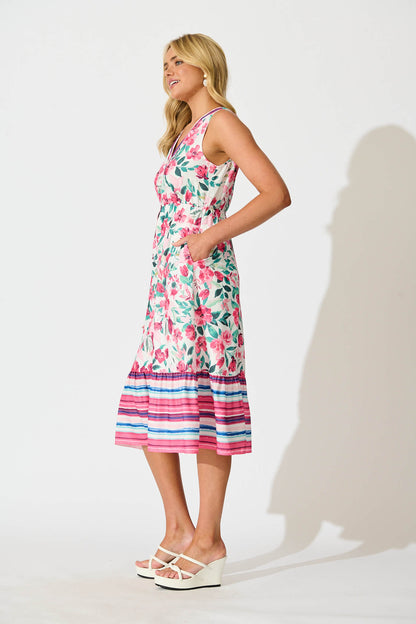 Kimmy Midi Dress in White with Pink Multi Floral