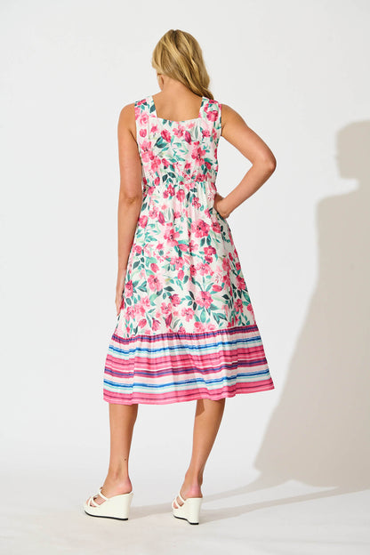 Kimmy Midi Dress in White with Pink Multi Floral