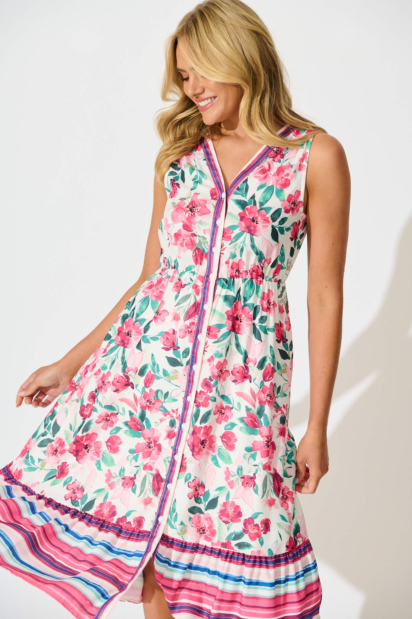 Kimmy Midi Dress in White with Pink Multi Floral