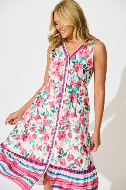 Kimmy Midi Dress in White with Pink Multi Floral
