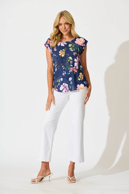 Rejina Top In Navy With Multi Floral Print