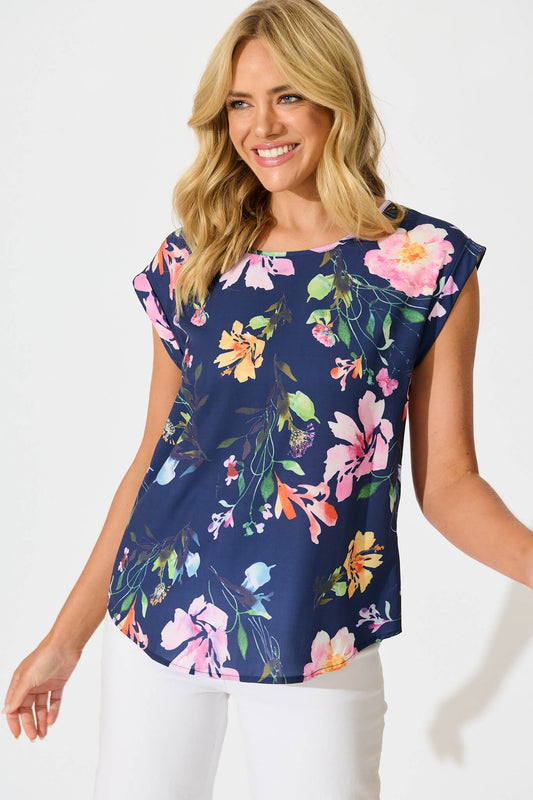 Rejina Top In Navy With Multi Floral Print