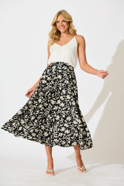 Brandsy Maxi Skirt In Black With Cream Floral