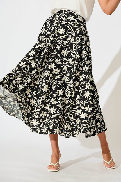 Brandsy Maxi Skirt In Black With Cream Floral