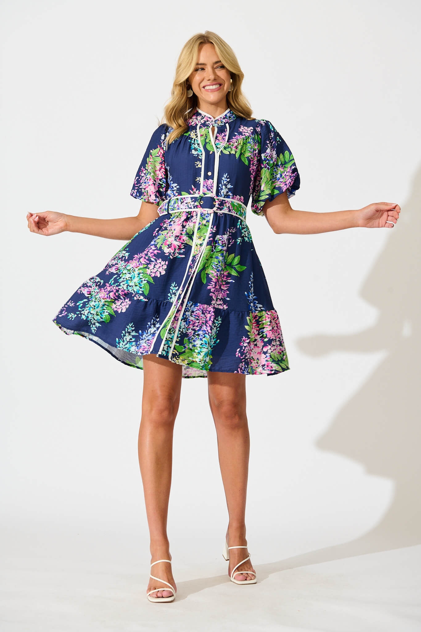 Maybelle Shirt Dress in Navy Wisteria Print with Piping Trim