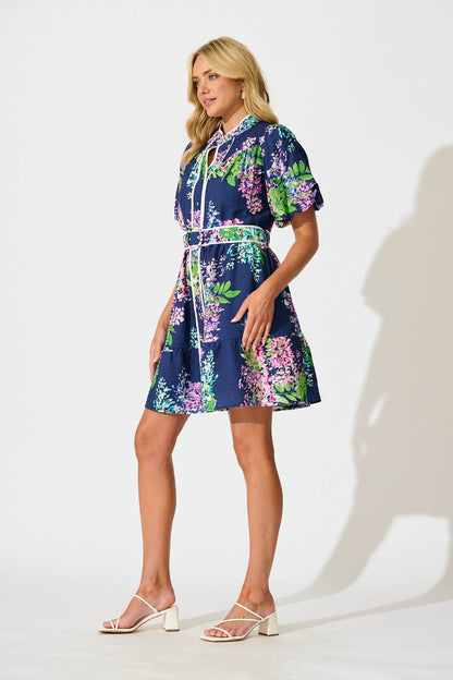 Maybelle Shirt Dress in Navy Wisteria Print with Piping Trim