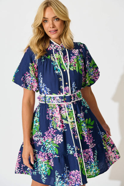 Maybelle Shirt Dress in Navy Wisteria Print with Piping Trim