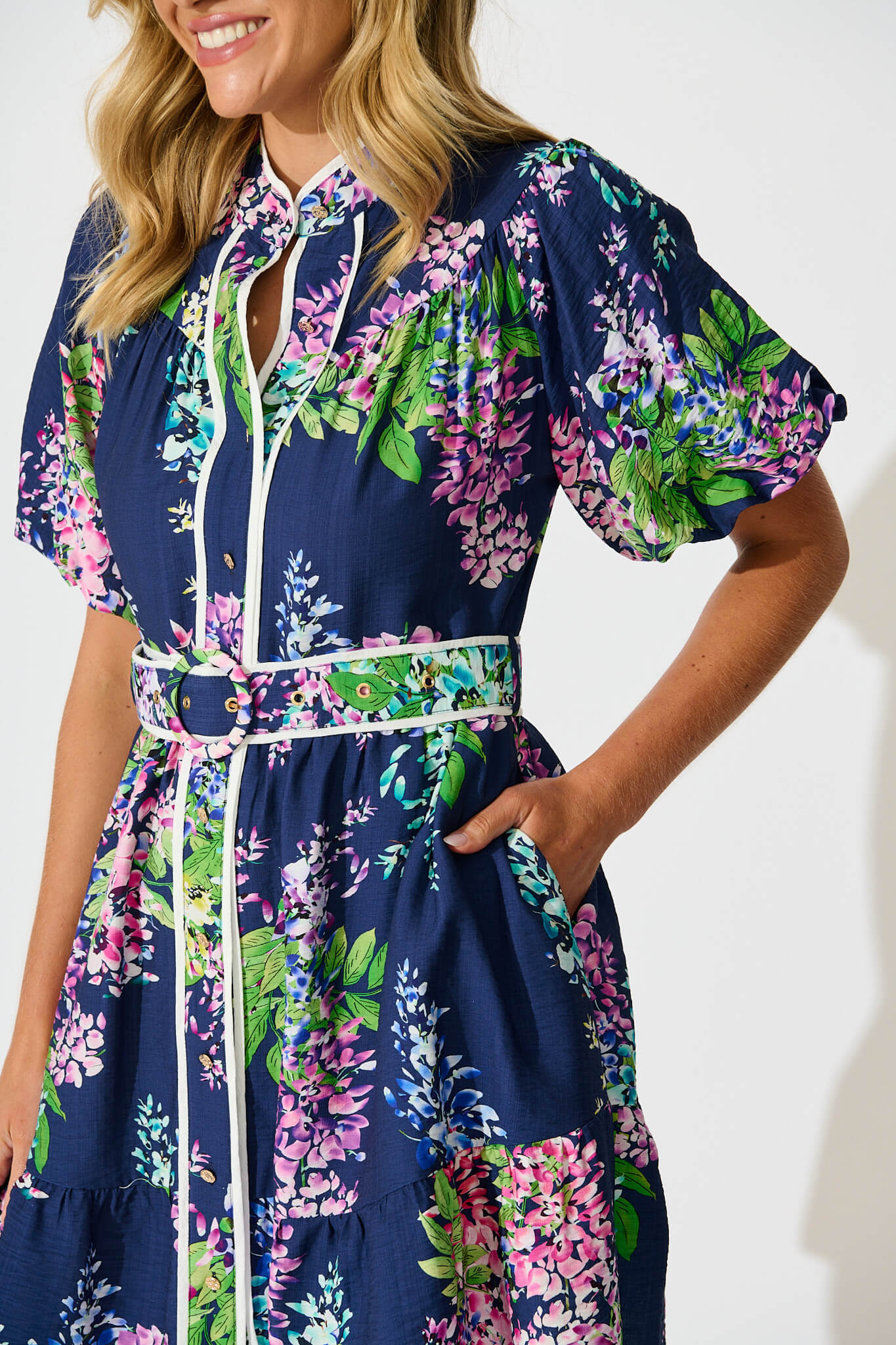 Maybelle Shirt Dress in Navy Wisteria Print with Piping Trim