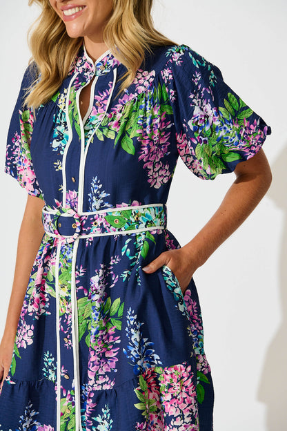 Maybelle Shirt Dress in Navy Wisteria Print with Piping Trim