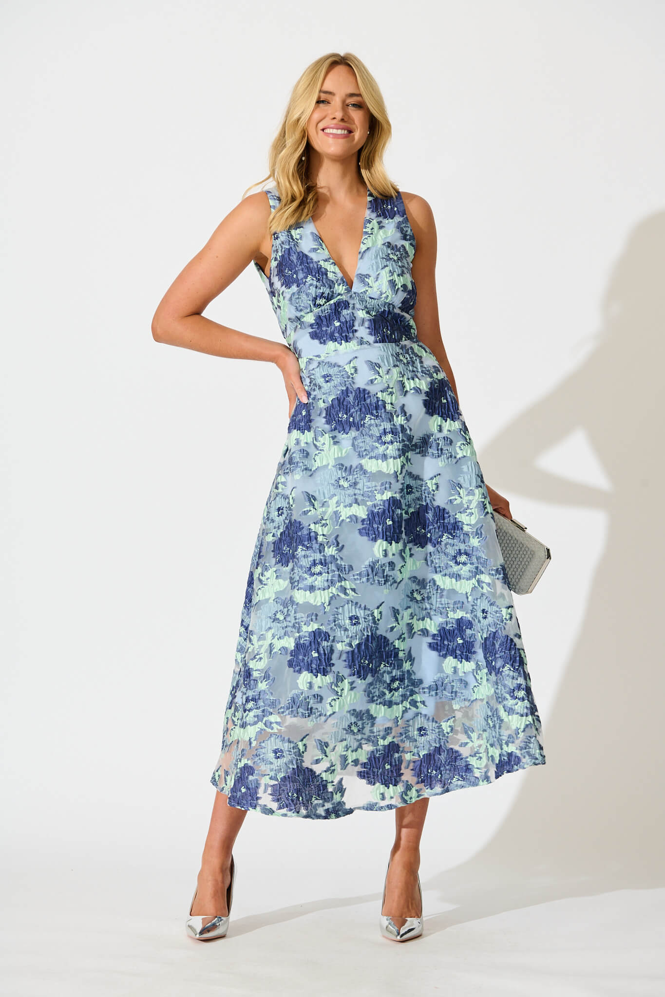 Opuluxe Maxi Dress in Blue Floral Organza Jaquard