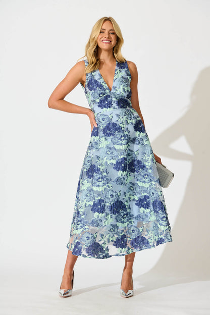 Opuluxe Maxi Dress in Blue Floral Organza Jaquard