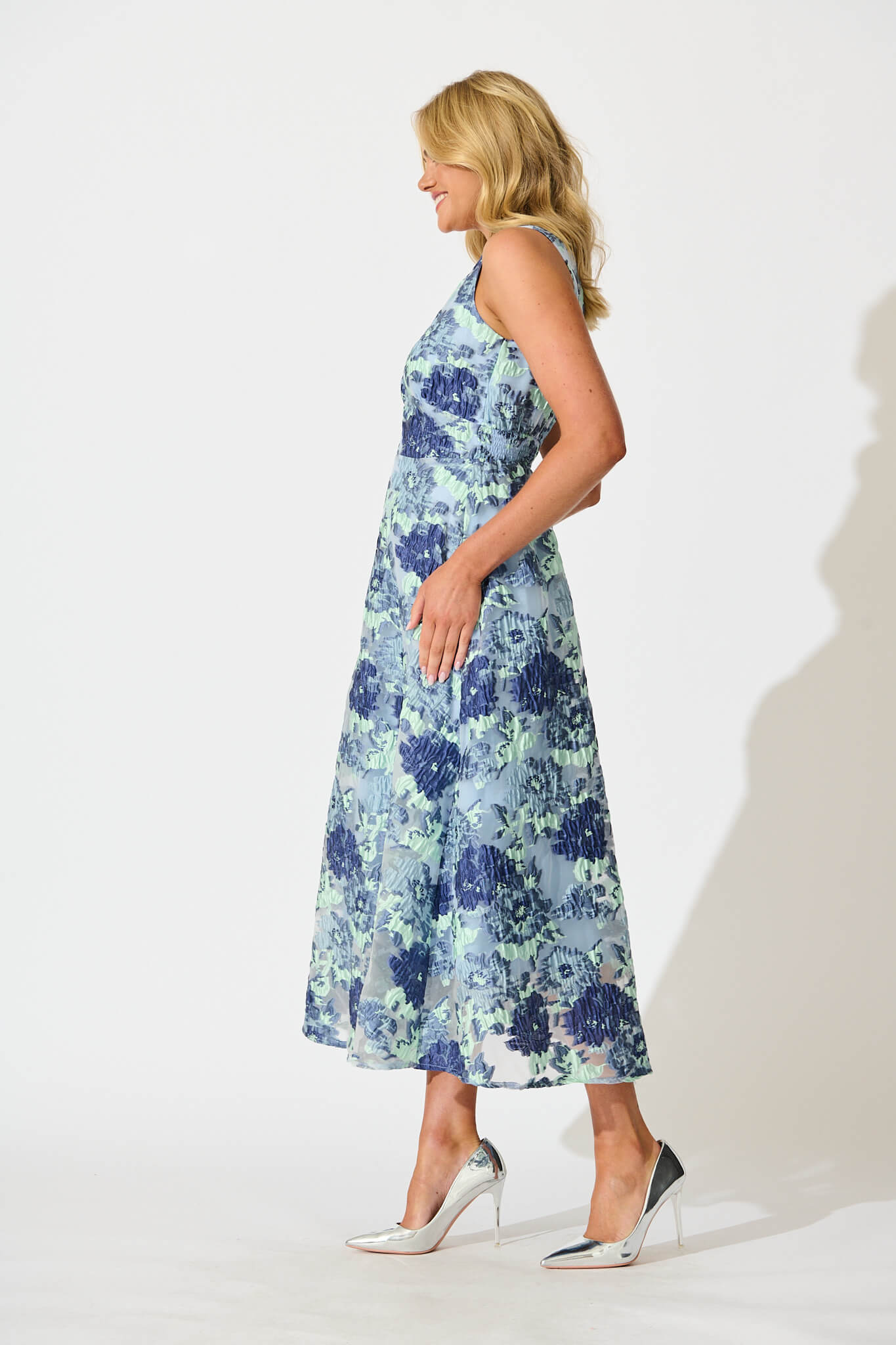 Opuluxe Maxi Dress in Blue Floral Organza Jaquard