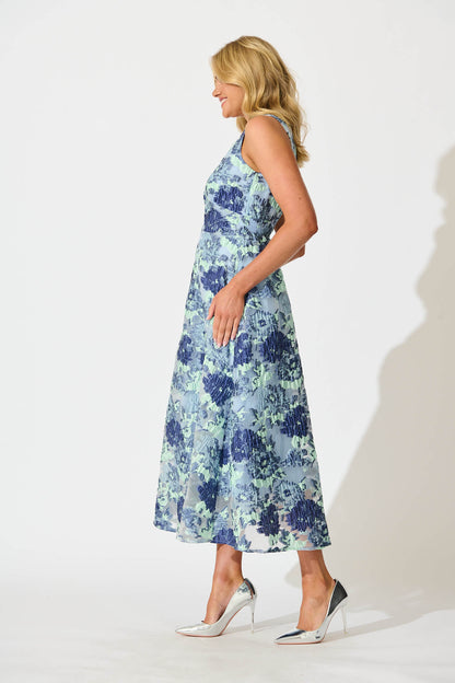 Opuluxe Maxi Dress in Blue Floral Organza Jaquard