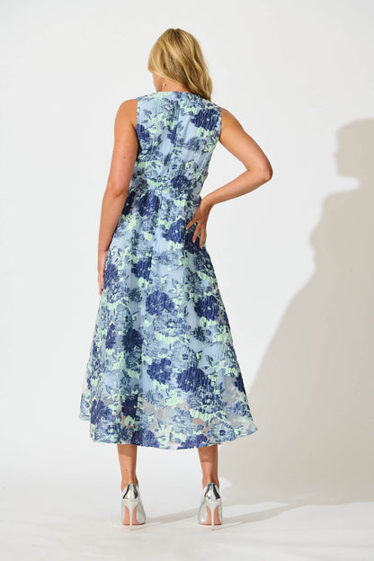 Opuluxe Maxi Dress in Blue Floral Organza Jaquard