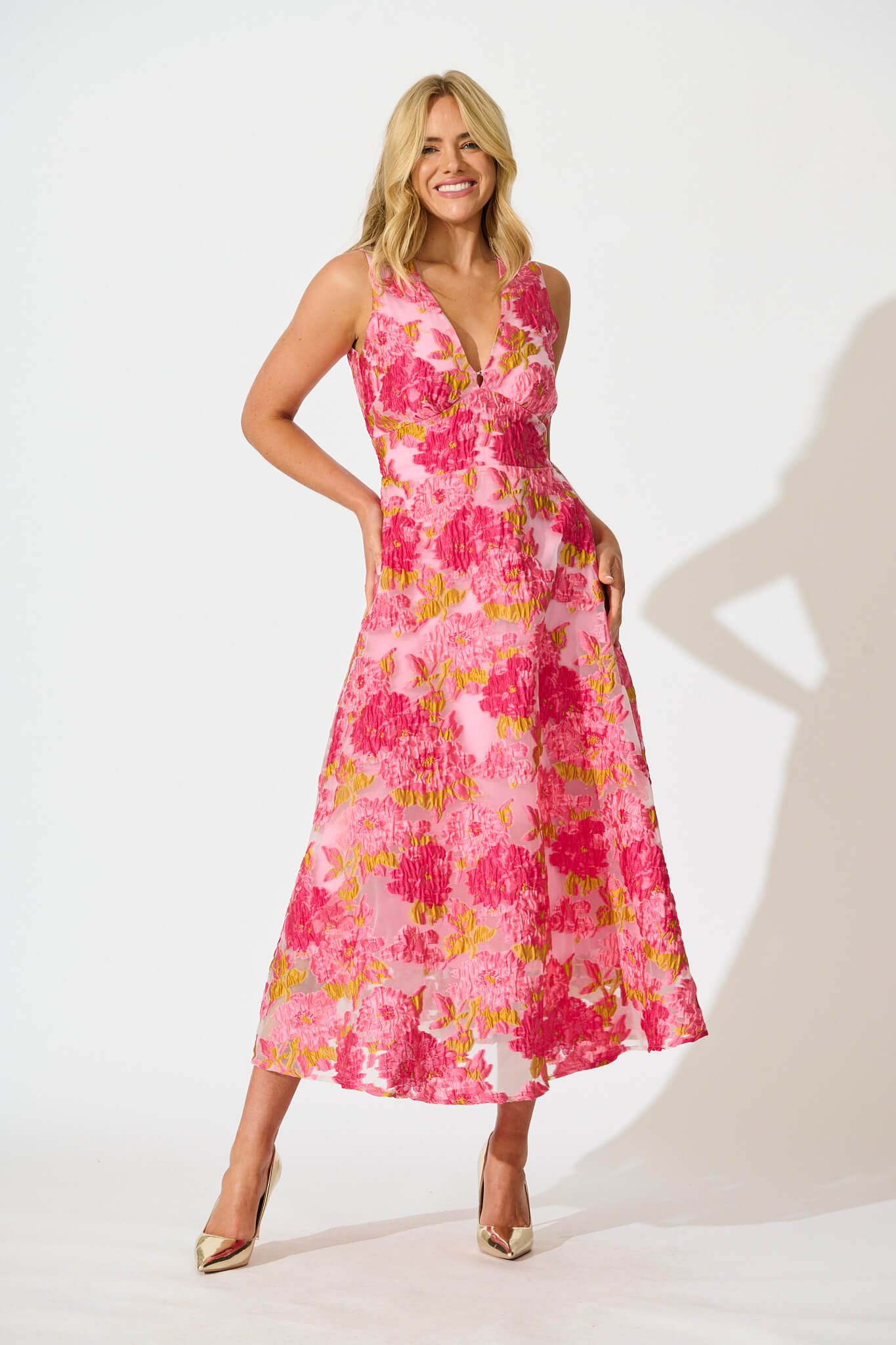 Opuluxe Maxi Dress In Pink Floral Organza Jacquard