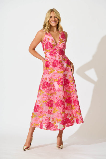 Opuluxe Maxi Dress In Pink Floral Organza Jacquard