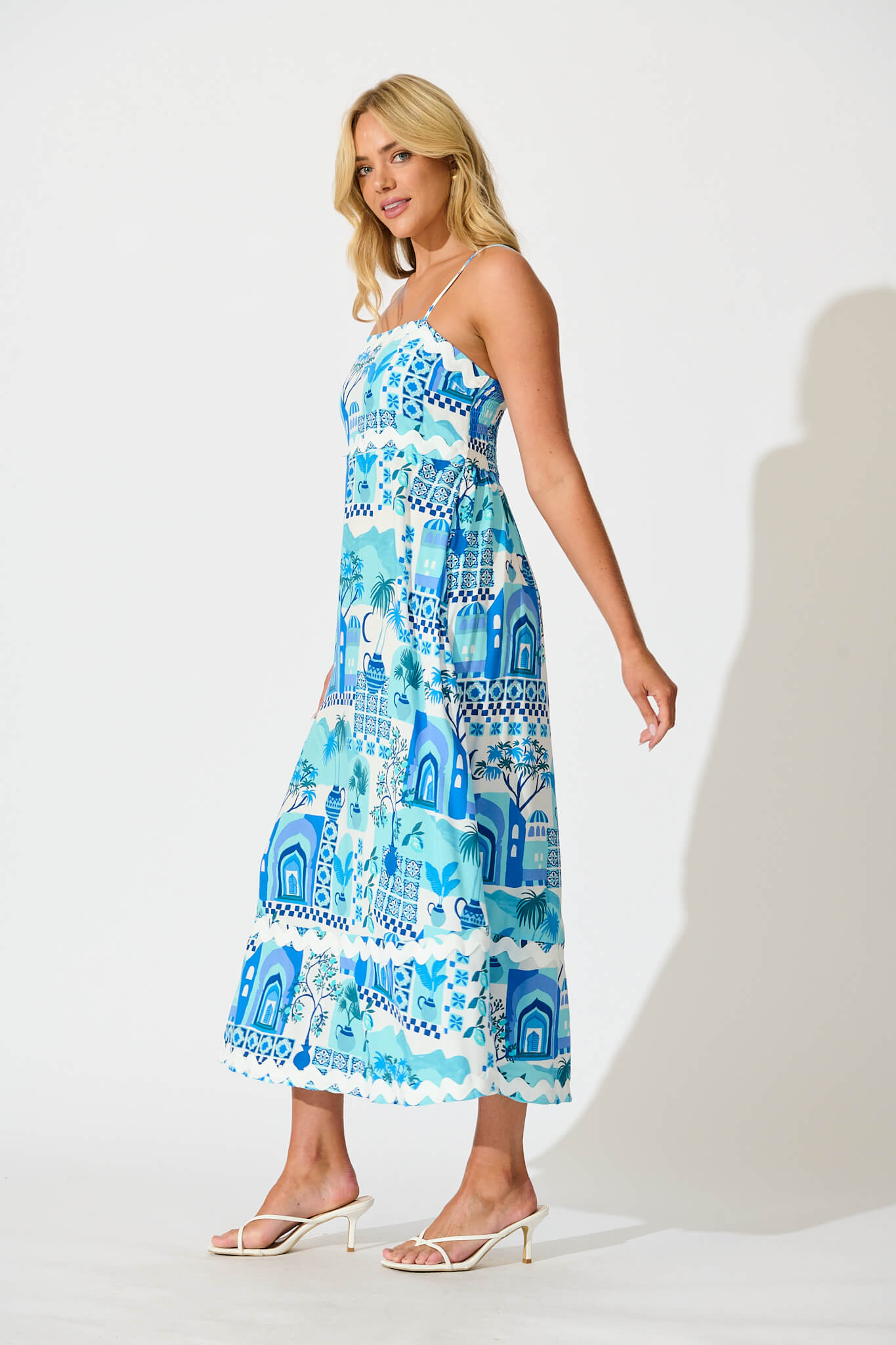 Treviso Maxi Sundress In Blue Multi with Ric Rac Trim