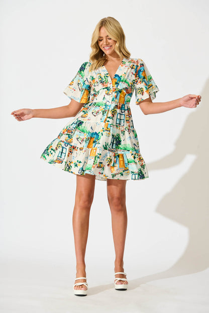 Esmarie Dress in White with Multi Summer Print