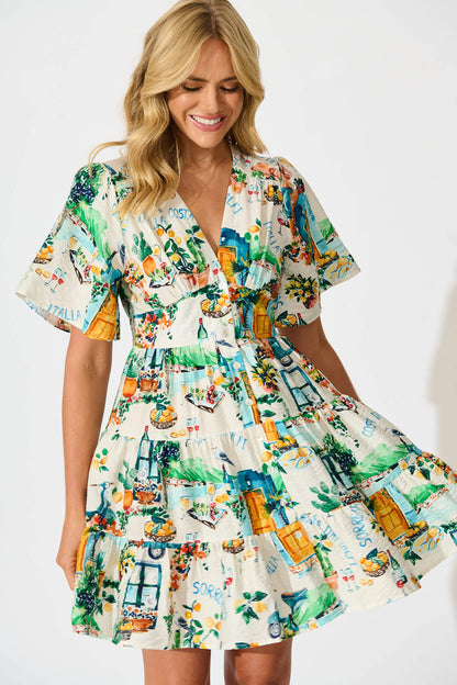 Esmarie Dress in White with Multi Summer Print