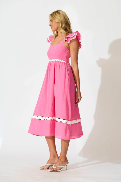 PRE ORDER Miami Midi Dress In Pink With White Ric Rac Cotton