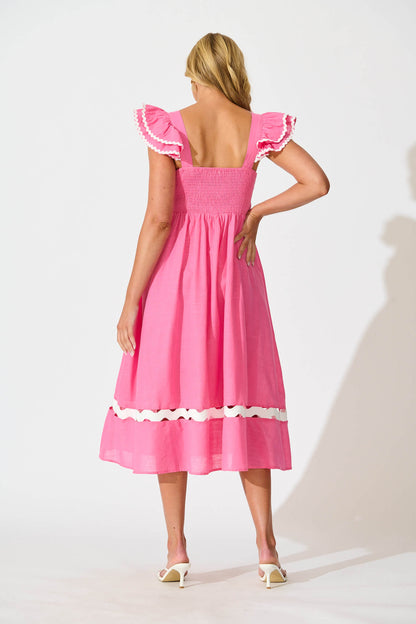 PRE ORDER Miami Midi Dress In Pink With White Ric Rac Cotton