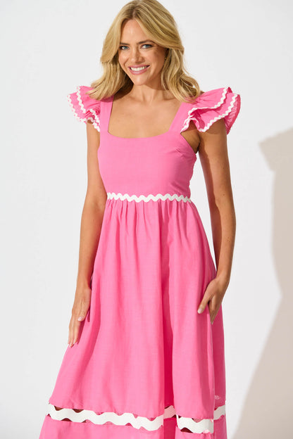 PRE ORDER Miami Midi Dress In Pink With White Ric Rac Cotton