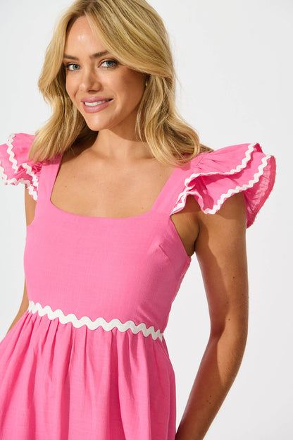 PRE ORDER Miami Midi Dress In Pink With White Ric Rac Cotton