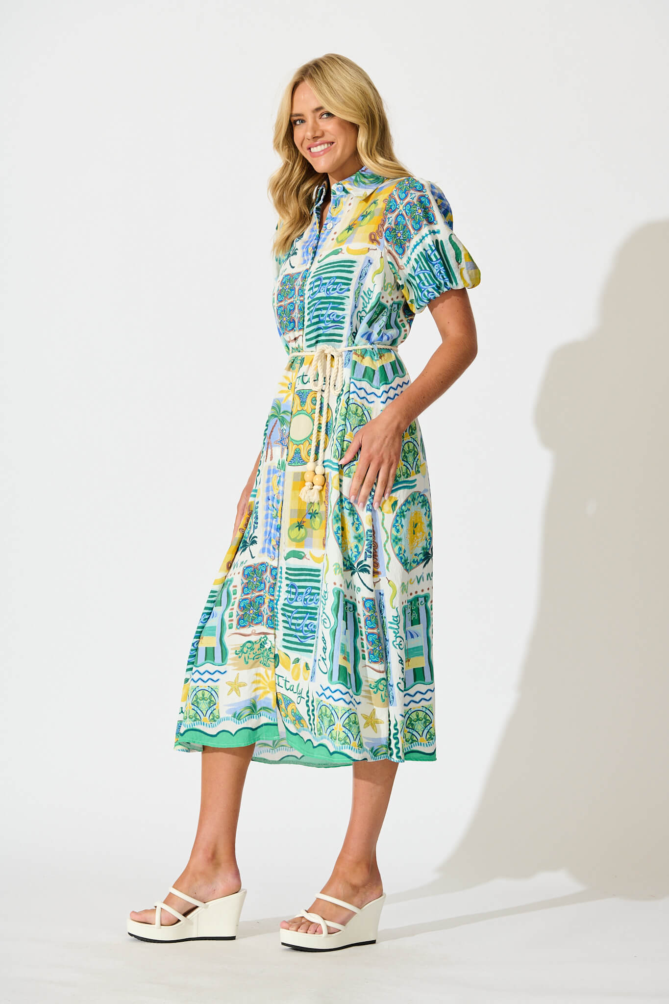 Dearest Midi Shirt Dress In Green Multi Border Print