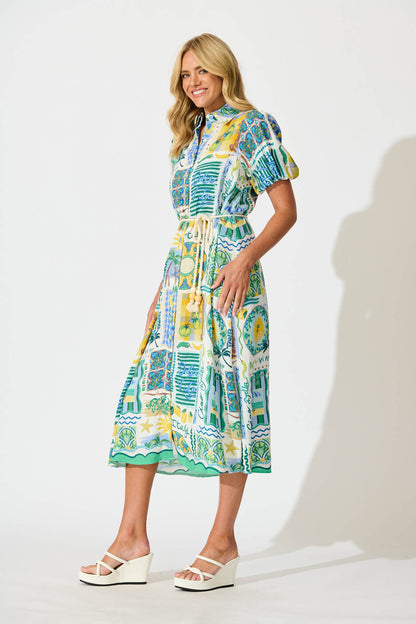 Dearest Midi Shirt Dress In Green Multi Border Print