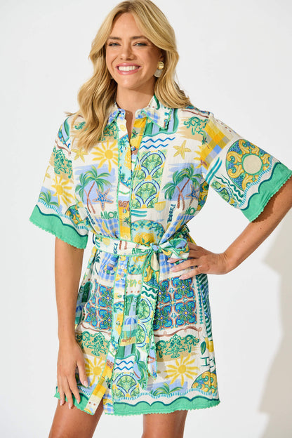 Miela Shirt Dress In Green Multi Border Print