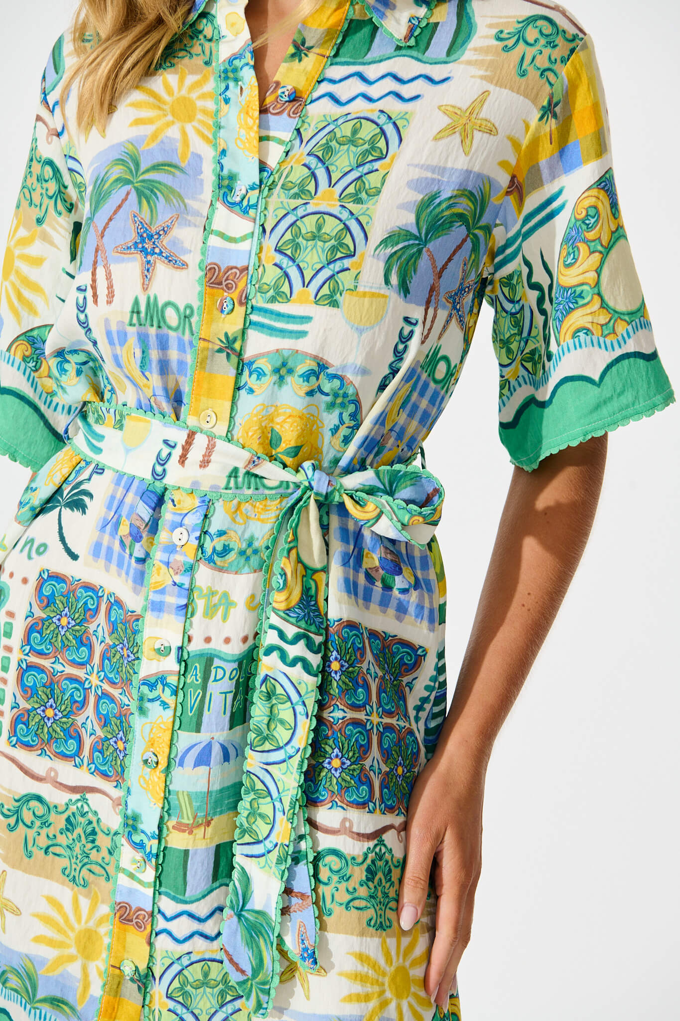 Miela Shirt Dress In Green Multi Border Print