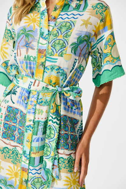 Miela Shirt Dress In Green Multi Border Print