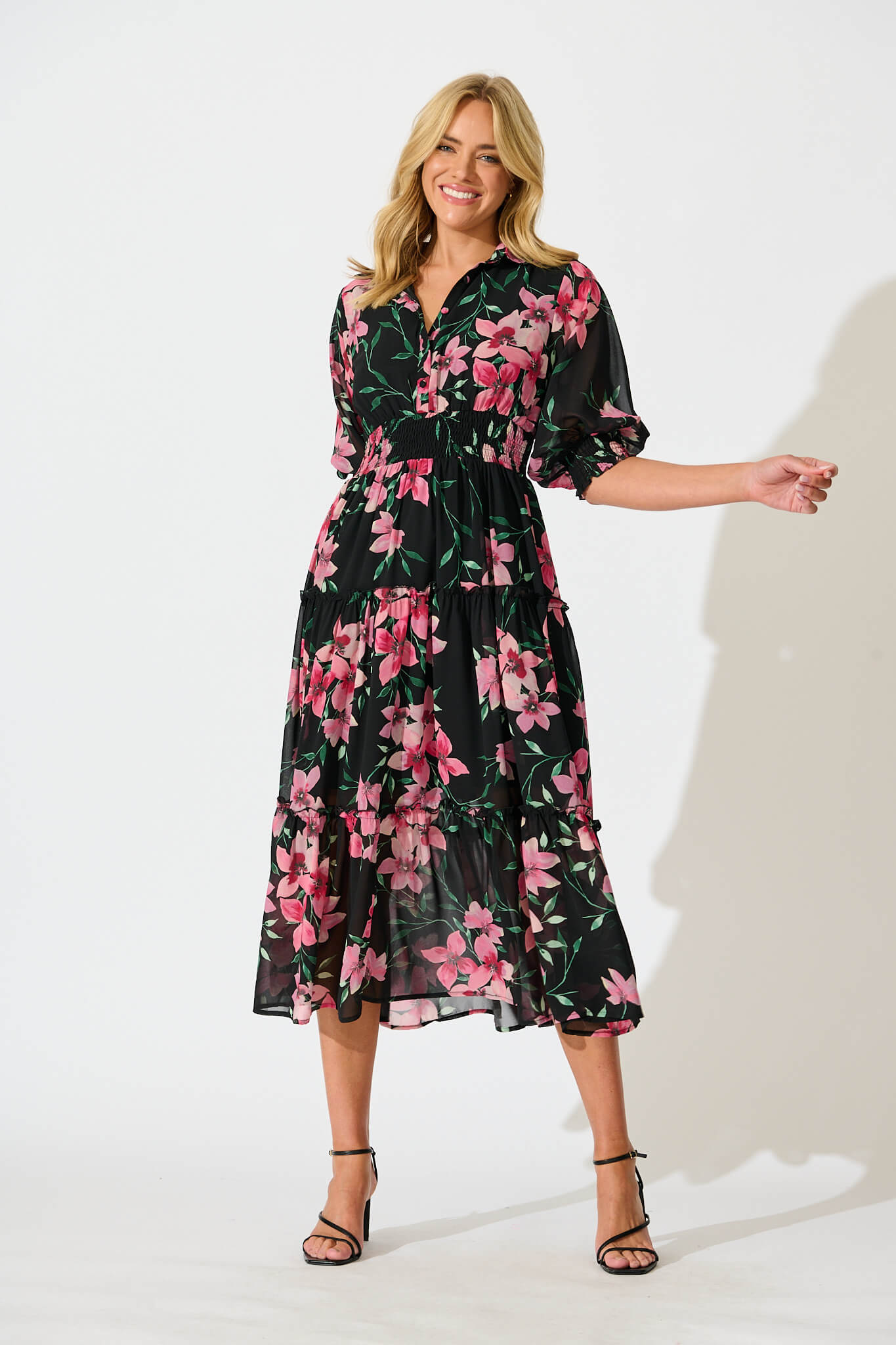 Brittney Midi Dress In Black And Pink Floral Chiffon