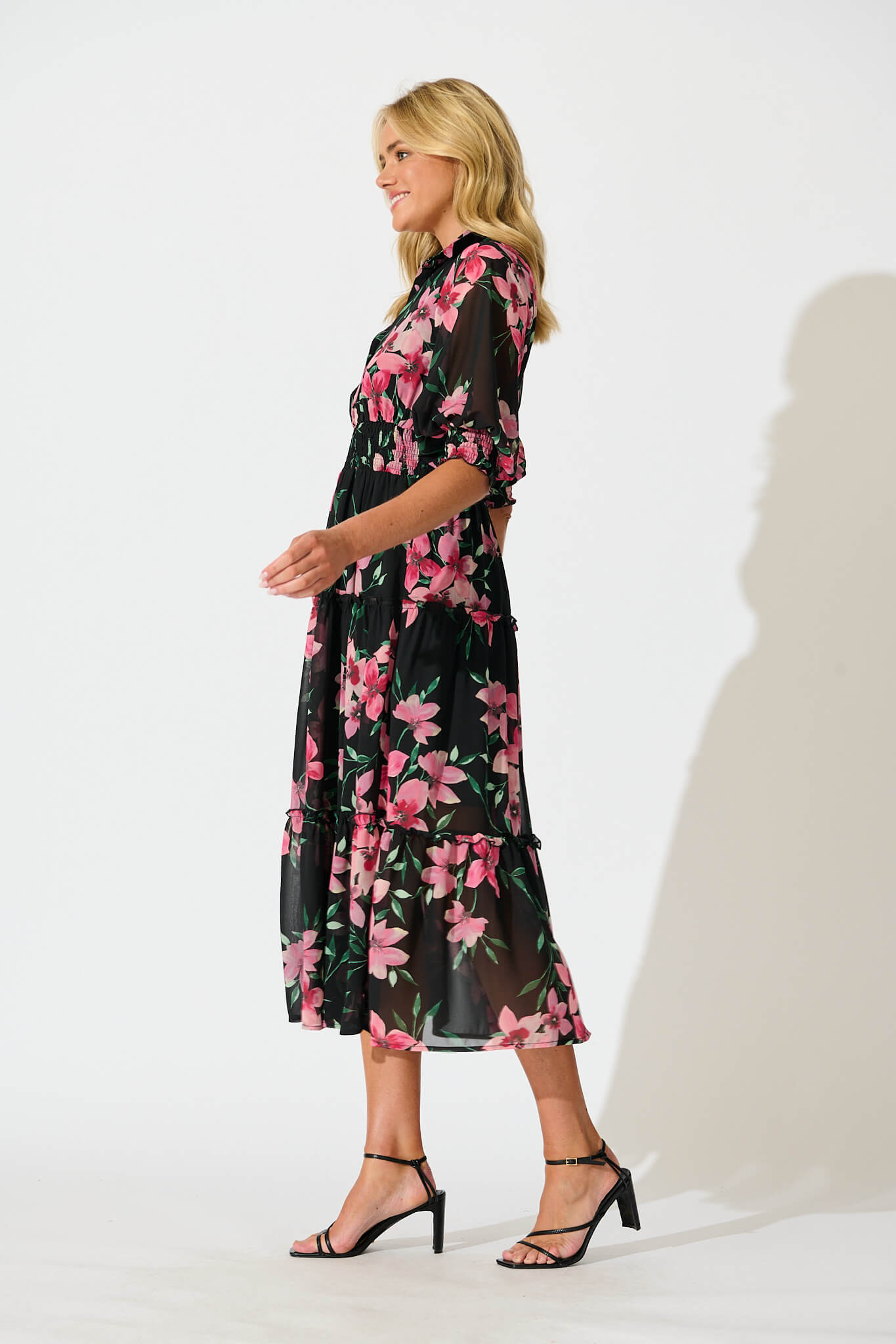 Brittney Midi Dress In Black And Pink Floral Chiffon