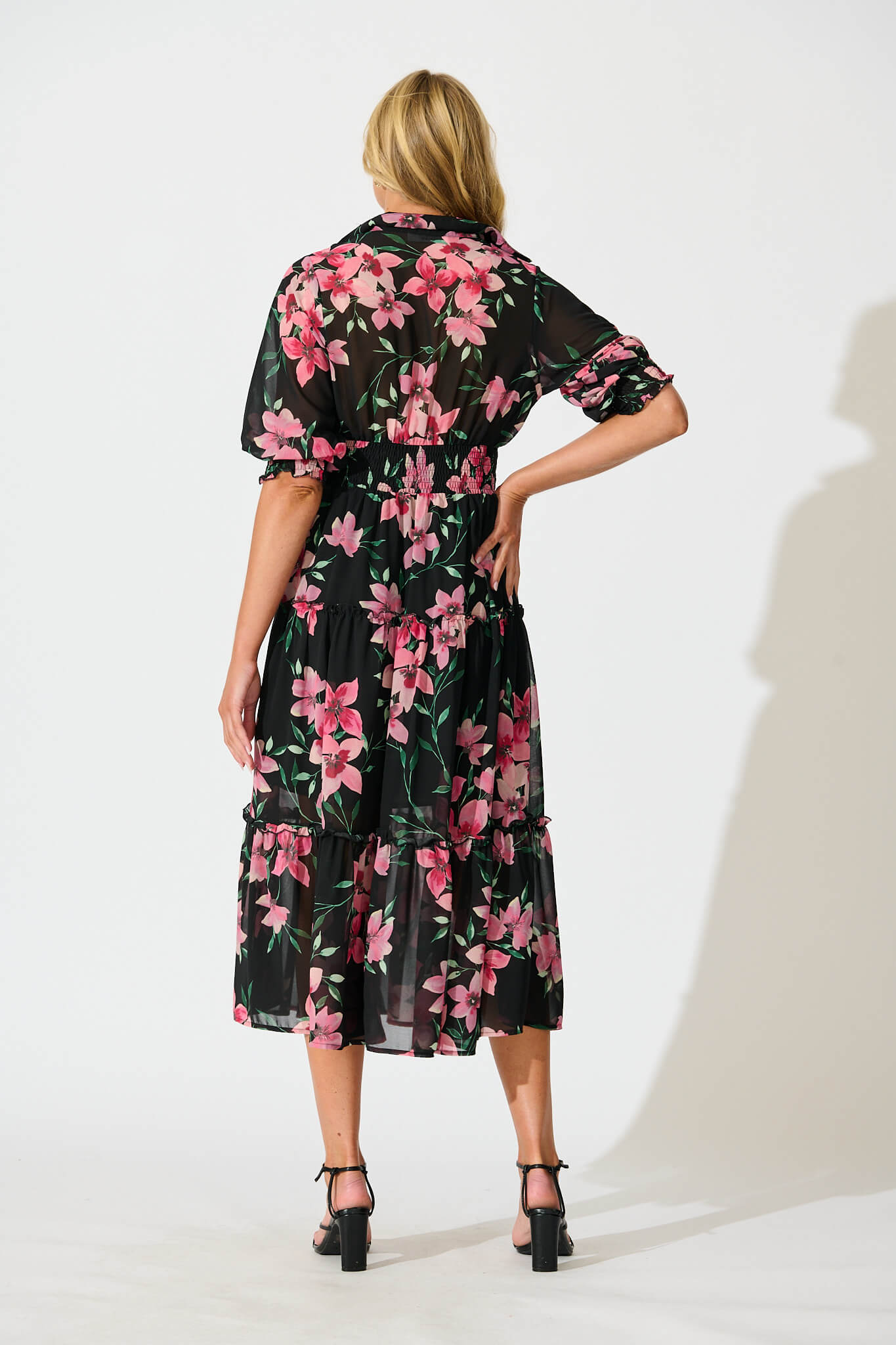 Brittney Midi Dress In Black And Pink Floral Chiffon