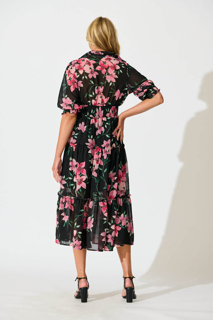 Brittney Midi Dress In Black And Pink Floral Chiffon
