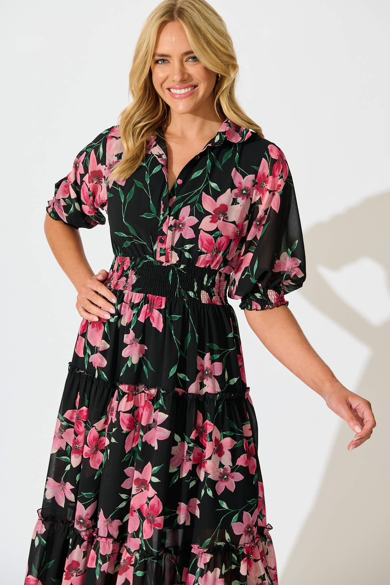 Brittney Midi Dress In Black And Pink Floral Chiffon