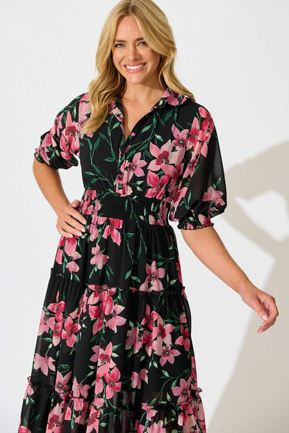 Brittney Midi Dress In Black And Pink Floral Chiffon