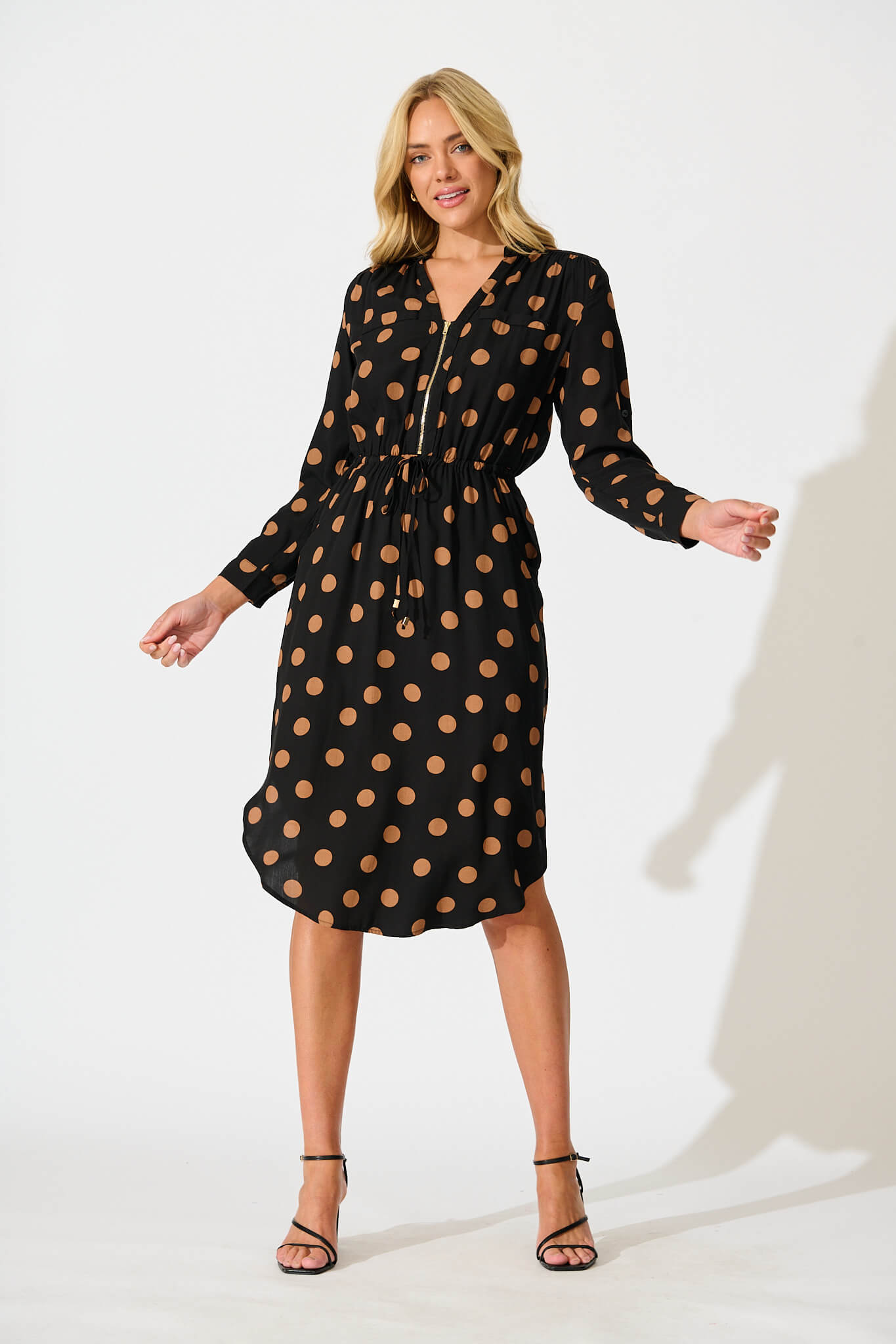 Rival Zip Dress in Black with Brown Spot